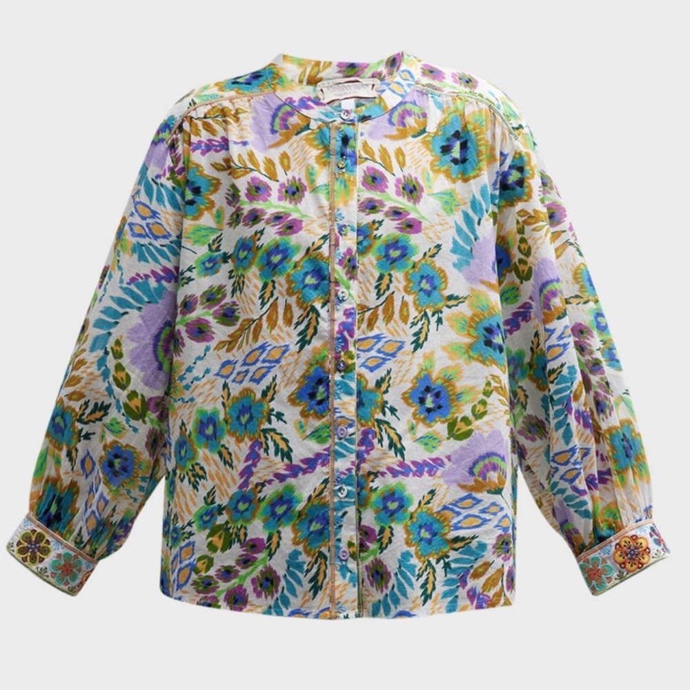 Johnny Was 100% Cotton Ikat Bloom Shirred Yoke Blouse Embroidered Button Down